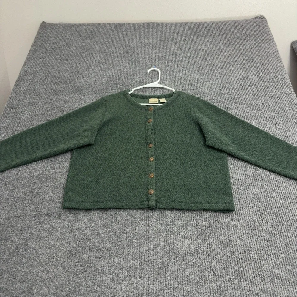 LL Bean Cardigan Women M Green Polyester Cotton Fleece Button Up Casual Gorpcore